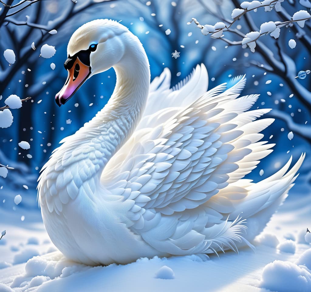  dreamscape (blue eyed) i've been jinxed (snow singer1,3) . ((snow swan)) ((the snow swan)) feathers at my feet. ( feathers flutterь. and slowly sink into the snow).(snow white swan):the head and torso are creamy white with a silvery tint. wings of white blue colour from snowflakes (roses): light blue colour with leaves from ice crystals. background: soft blue with delicate patterns of falling snow and whirlwind curls. . surreal, ethereal, dreamy, mysterious, fantasy, highly detailed, civitai, hkmagic