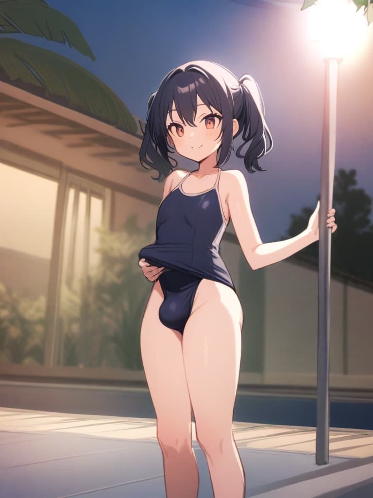  women's elementary students (with male), twin tails, cute smiles, rich s, short stature, dark blue swimwear, old swimwear, swimwear, simple, (swelling), upward, (bulge), front, whole body, pool side,