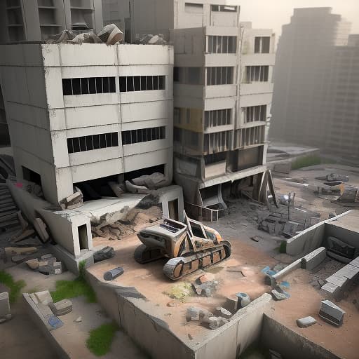  a disassembled building in a section where there are various structures (concrete, metal). there's an excavator. view 3/4. style 3d art digital