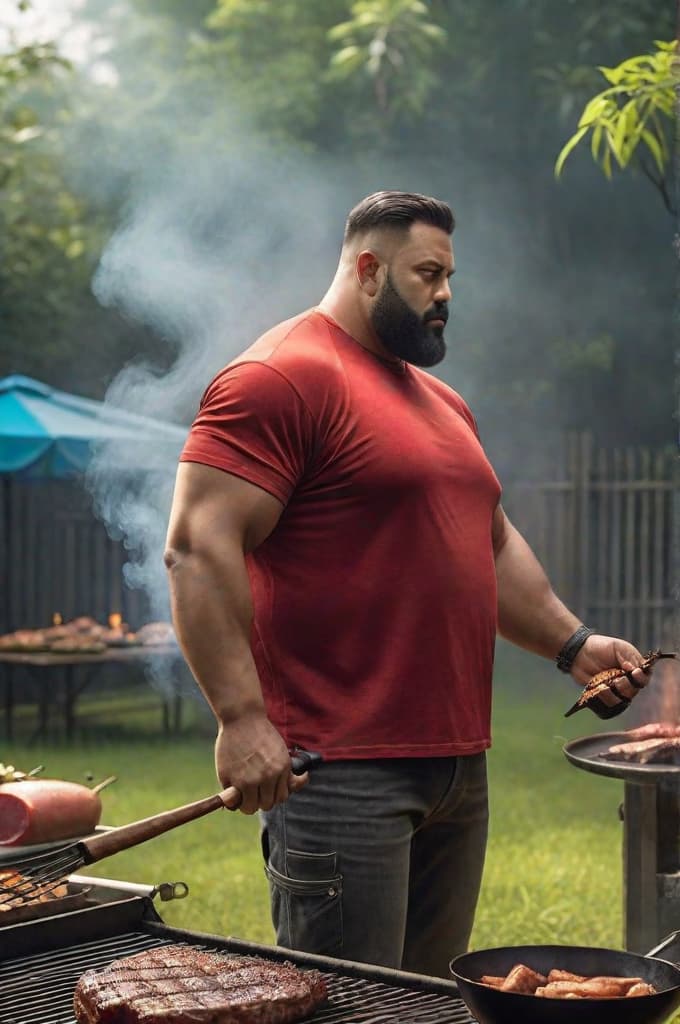  a chubby man, wearing a red t shirt, facing away, grilling meat on a barbecue in brazil, realistic, portrait, art by donato giancola and greg rutkowski, realistic face, digital art, trending on artstation hyperrealistic, full body, detailed clothing, highly detailed, cinematic lighting, stunningly beautiful, intricate, sharp focus, f/1. 8, 85mm, (centered image composition), (professionally color graded), ((bright soft diffused light)), volumetric fog, trending on instagram, trending on tumblr, HDR 4K, 8K