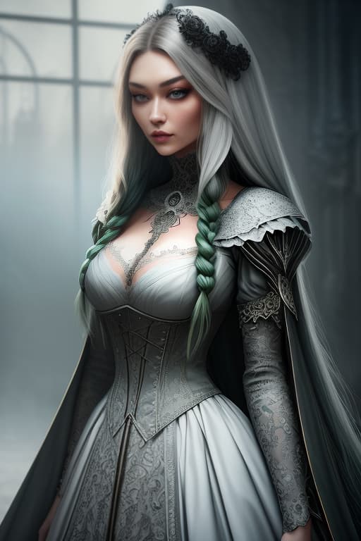  dark castle, gigi hadid with white long hair and green eyes, in a beautiful dress in the middle, in a gothic style hyperrealistic, full body, detailed clothing, highly detailed, cinematic lighting, stunningly beautiful, intricate, sharp focus, f/1. 8, 85mm, (centered image composition), (professionally color graded), ((bright soft diffused light)), volumetric fog, trending on instagram, trending on tumblr, HDR 4K, 8K