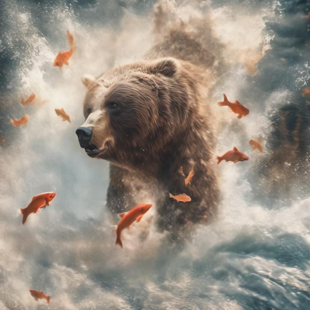  merged, jed dblexpsre effect, double exposure a close up silhouette of a bear's head, epic atmosphere with a river rapids with (((salmon swimming))) upstream and jumping from the water, forest backdrop byneuralartstudio, <lora:doubleexposure 000007:1>