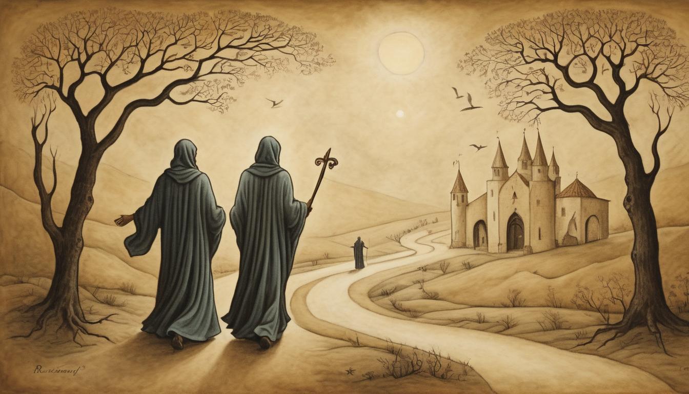  on parchment, surrealism++, robed figures walking together, illuminated path, ethereal background, unity, divine journey, camaraderie(mysterious, provocative, symbolic)++