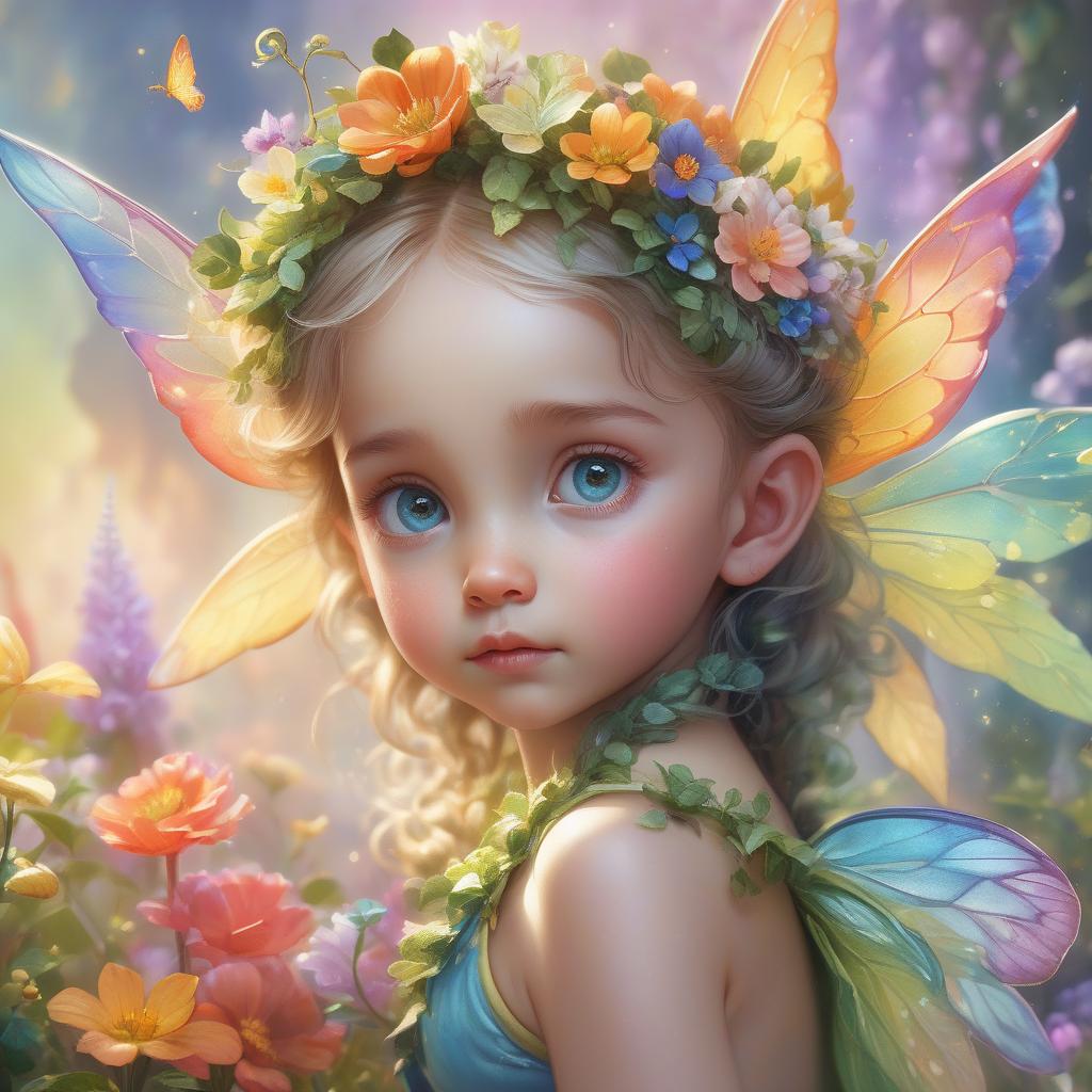  hyperrealistic art cute flower fairy baby，asas coloridas, segure o cetro，belo oceano cintilante、cercado por flores coloridas，asas transparentes，asas luminescentes､sorriso gentil､summer background､fada suave e transparente､tinta aquarela，fundo bonito do jardim，bright rainbow color landscape，infinidade de cores，rico em elementos，the facial features are super detailed，anatomia correta,epic composition, epic digital art of romantic fantasy，epic fairytale fantasy digital art，mythological fantasy，very high sharpness、k hd |、8k、desenho detalhado，realista，very realistic，cinmatic lighting,uma fotografia premiada . extremely high resolution details, photographic, realism pushed to extreme, fine texture, 