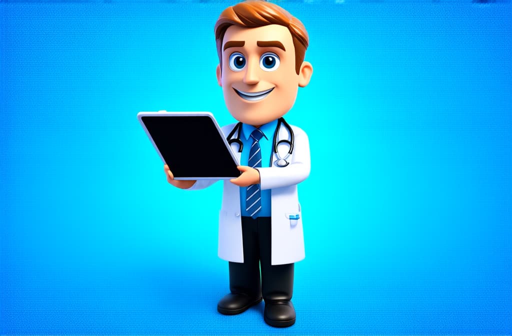  3d render, doctor cartoon character with holds tablet. friendly professional therapist. medical idea clip art isolated on blue background ar 3:2 {prompt}, maximum details