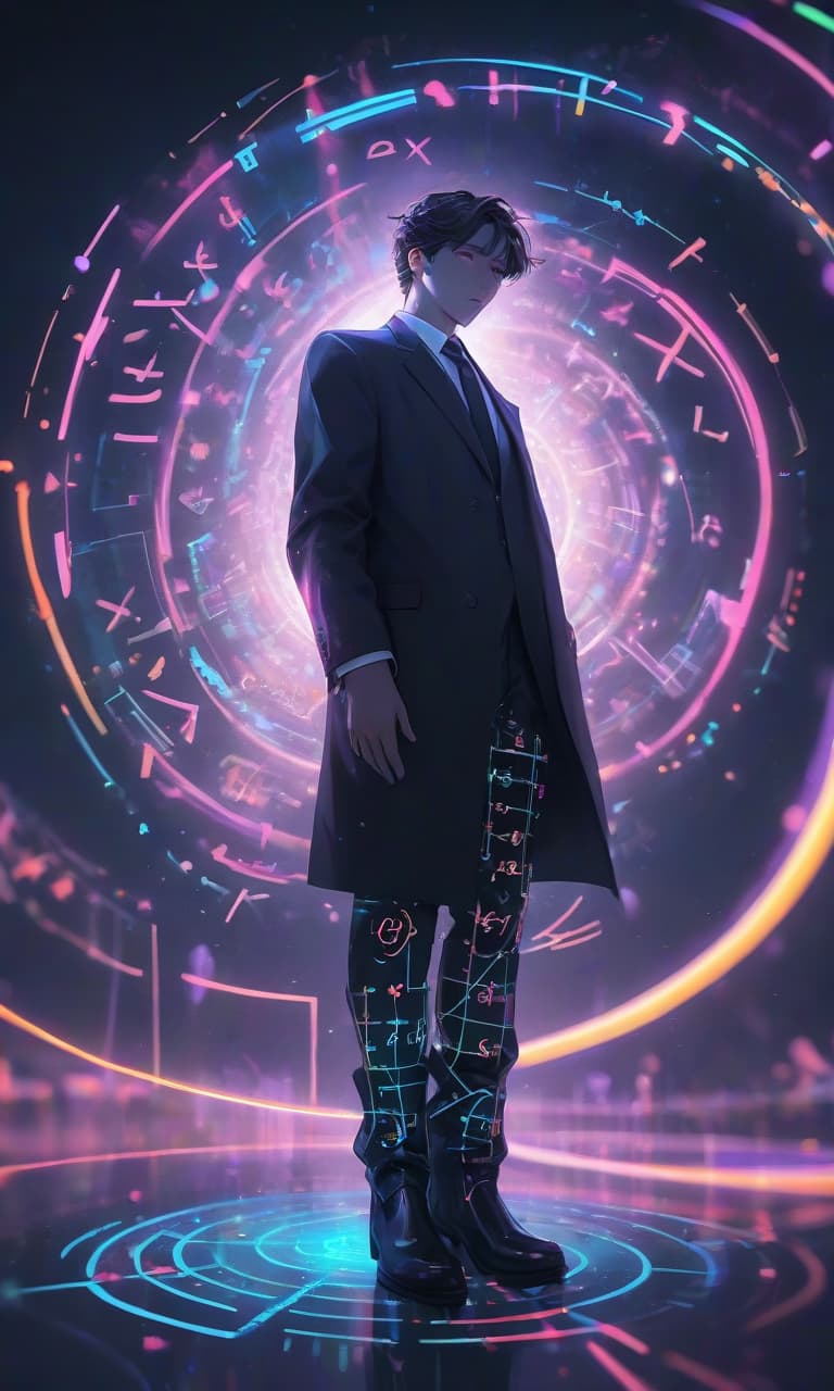  holographic double exposure, пьяный мужчина (in full height:1.3), in a formal suit, (in black boots:1.2), (neon color mathematical symbols and formulas fly in a spiral around the head:1.4), that float around him, creating an ethereal atmosphere. radiates a soft glow, illuminating her features,