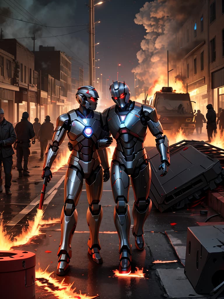  A battle between man and AI Robots, a deluge of burning buildings, blood and bodies litter the street.