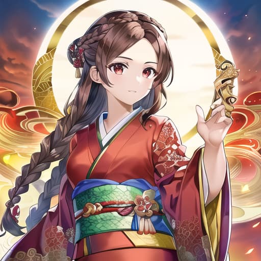  master piece , best quality,fragile, kimono, brown hair, red eyes, braids, dragon god, beautiful, sister