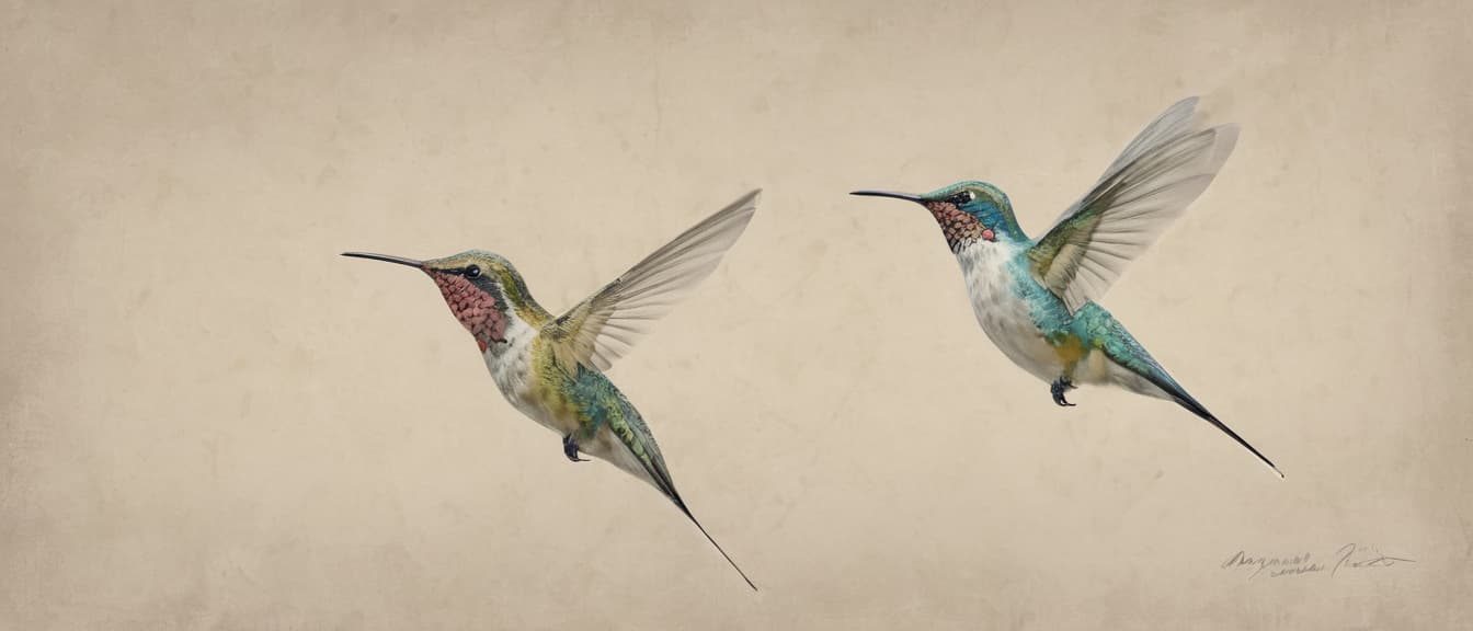  minimalism, the images features individual hummingbirds flyinb, each illustrated with fine detail, highlighting their unique textures and curvature. the hummingbirds vary, each carrying its own distinct form, emphasizing their organic and fluid shapes., abstract, simple geometic shapes, hard edges, sleek contours, minimalism