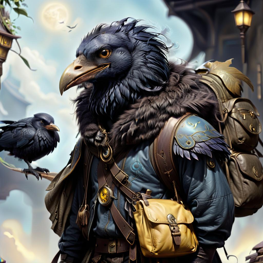  ethereal fantasy concept art of black with blue tint avian humanoid race with raven head alchemist, mischievous yellow eyes, smiling, rags and leather cloak with lots of pockets, big backpack with pockets, bomb in bird hand . magnificent, celestial, ethereal, painterly, epic, majestic, magical, fantasy art, cover art, dreamy, civitai