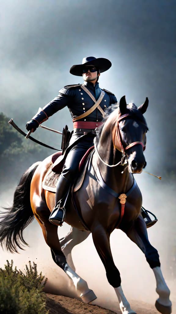  masked zorro from the legend of zorro, riding a black horse, carving a bold 'z' for justice in anime art hyperrealistic, full body, detailed clothing, highly detailed, cinematic lighting, stunningly beautiful, intricate, sharp focus, f/1. 8, 85mm, (centered image composition), (professionally color graded), ((bright soft diffused light)), volumetric fog, trending on instagram, trending on tumblr, HDR 4K, 8K