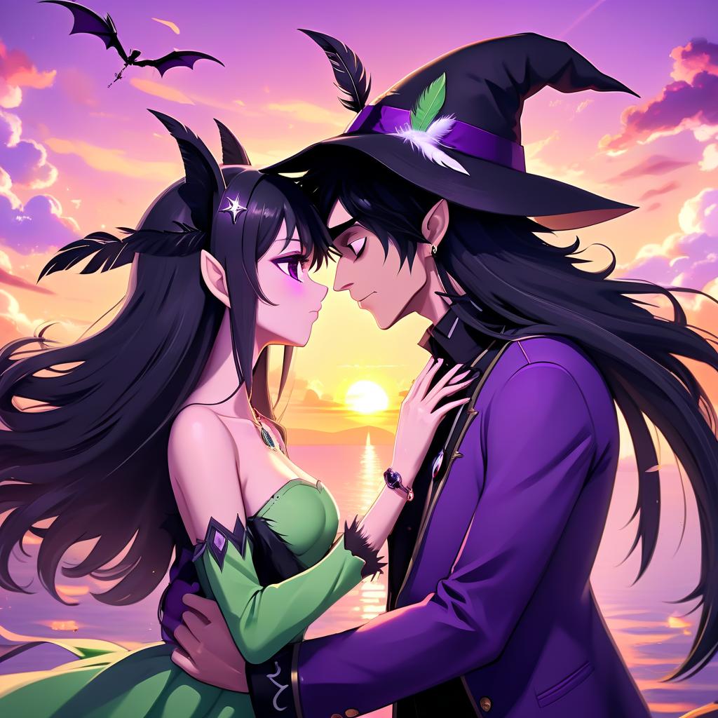  4k anime, girl witch and man elf, purple dress, black hat, light green suit, white feather jewelry, black hair, sunset, romance, kiss, anime fiction 4k, love