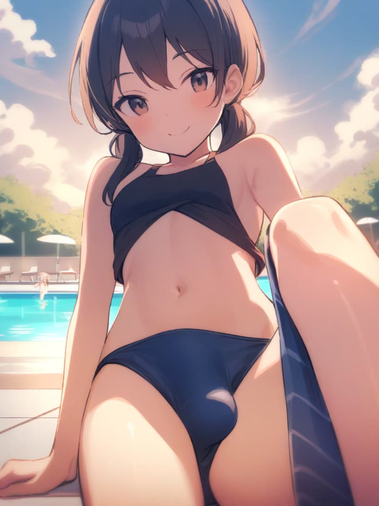  women's elementary students (male), twin tails, cute smiles, (rich s), short stature, dark blue swimwear, old swimwear, swimwear, simple, (upward), upward, (bulge), front, whole body, pool side ,,,