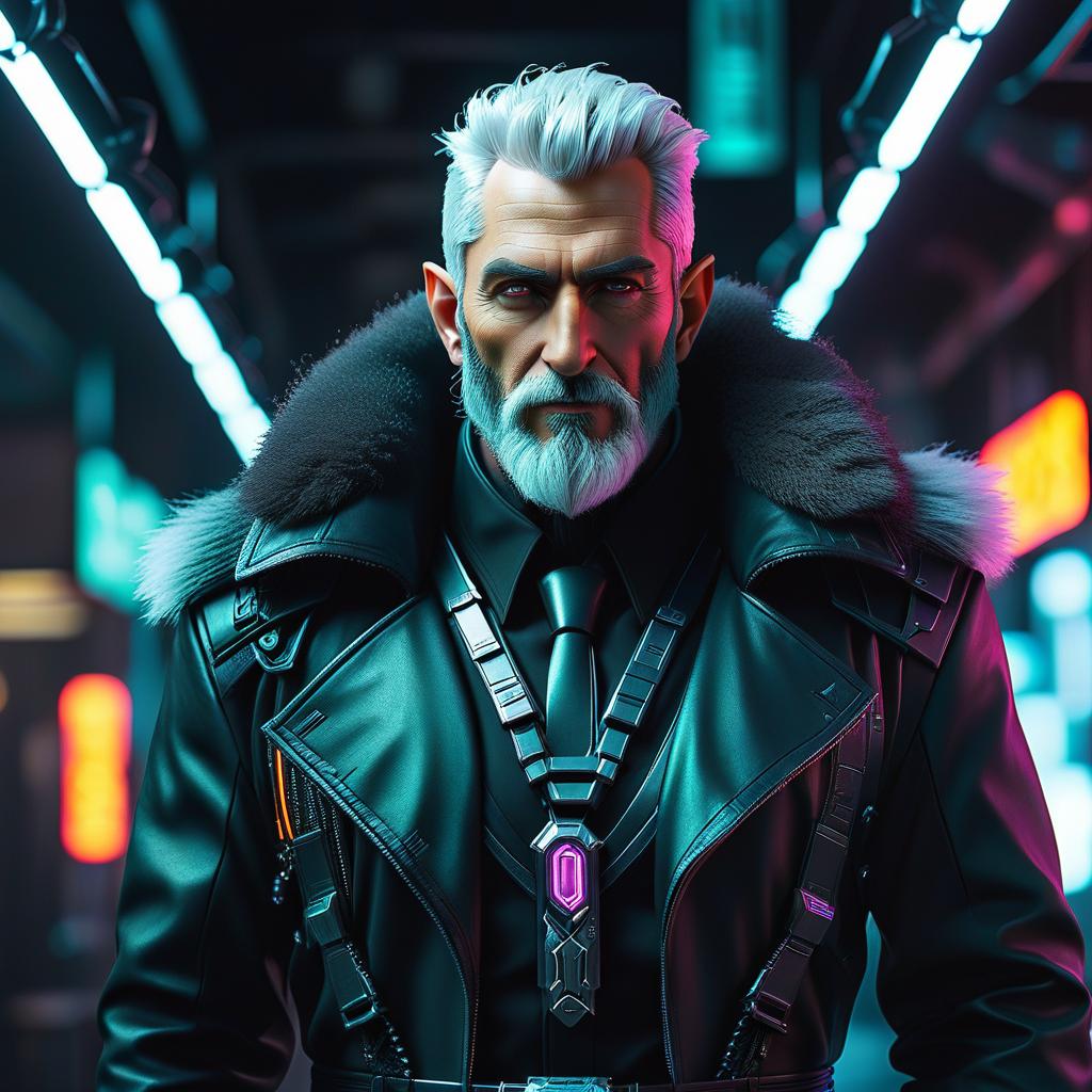  cyberpunk game style full grown kind old elf brawler with nodati and lighting in cyberpank style, black coat, silver hair, beard . neon, dystopian, futuristic, digital, vibrant, detailed, high contrast, reminiscent of cyberpunk genre video games hyperrealistic, full body, detailed clothing, highly detailed, cinematic lighting, stunningly beautiful, intricate, sharp focus, f/1. 8, 85mm, (centered image composition), (professionally color graded), ((bright soft diffused light)), volumetric fog, trending on instagram, trending on tumblr, HDR 4K, 8K