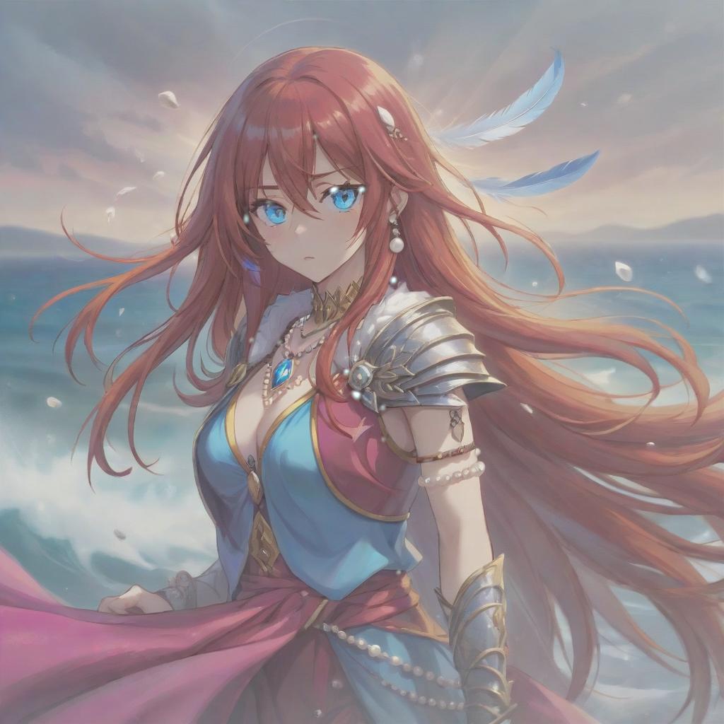  long exposure photo of portrait of strong rage woman valcyria. blue eye. long red hair. tilting head down, magenta mantle, shoulder pad feather, accessory necklace with pearls on the forehead, by the sea . blurred motion, streaks of light, surreal, dreamy, ghosting effect, highly detailed, sticker, hkmagic