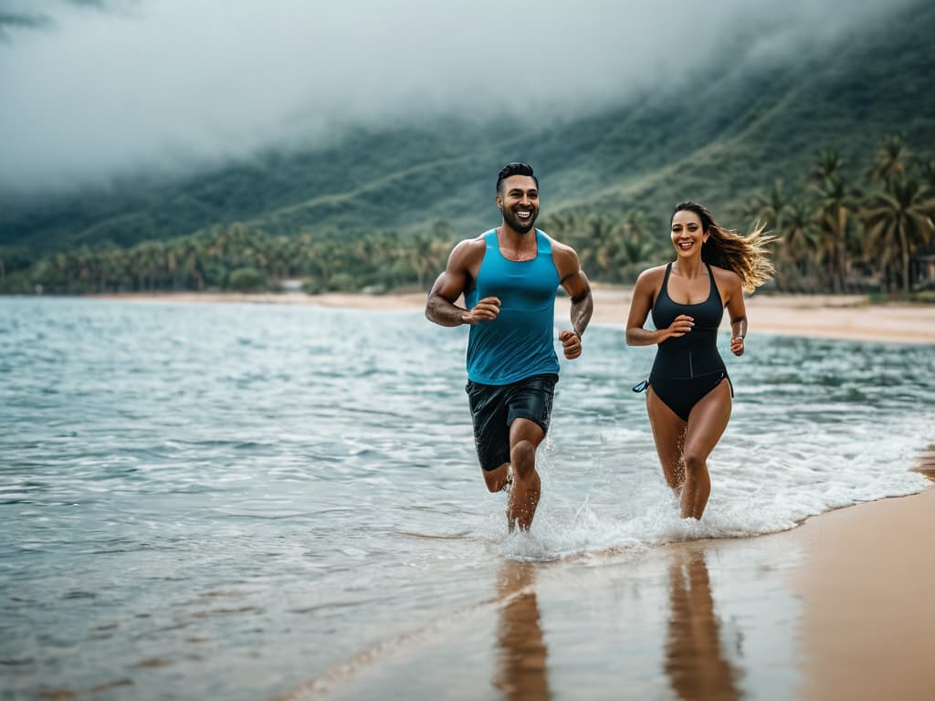  a action shot of a couple playing in the water. making splash of water. a epic landscape of a tropical brazilian beach with a man and a woman doing jogging in the water. they are running toward the camera. they have happy expression. they are playing in the water. you can feel the joy in their face enjoying the place and the moment. happy feeling hyperrealistic, full body, detailed clothing, highly detailed, cinematic lighting, stunningly beautiful, intricate, sharp focus, f/1. 8, 85mm, (centered image composition), (professionally color graded), ((bright soft diffused light)), volumetric fog, trending on instagram, trending on tumblr, HDR 4K, 8K