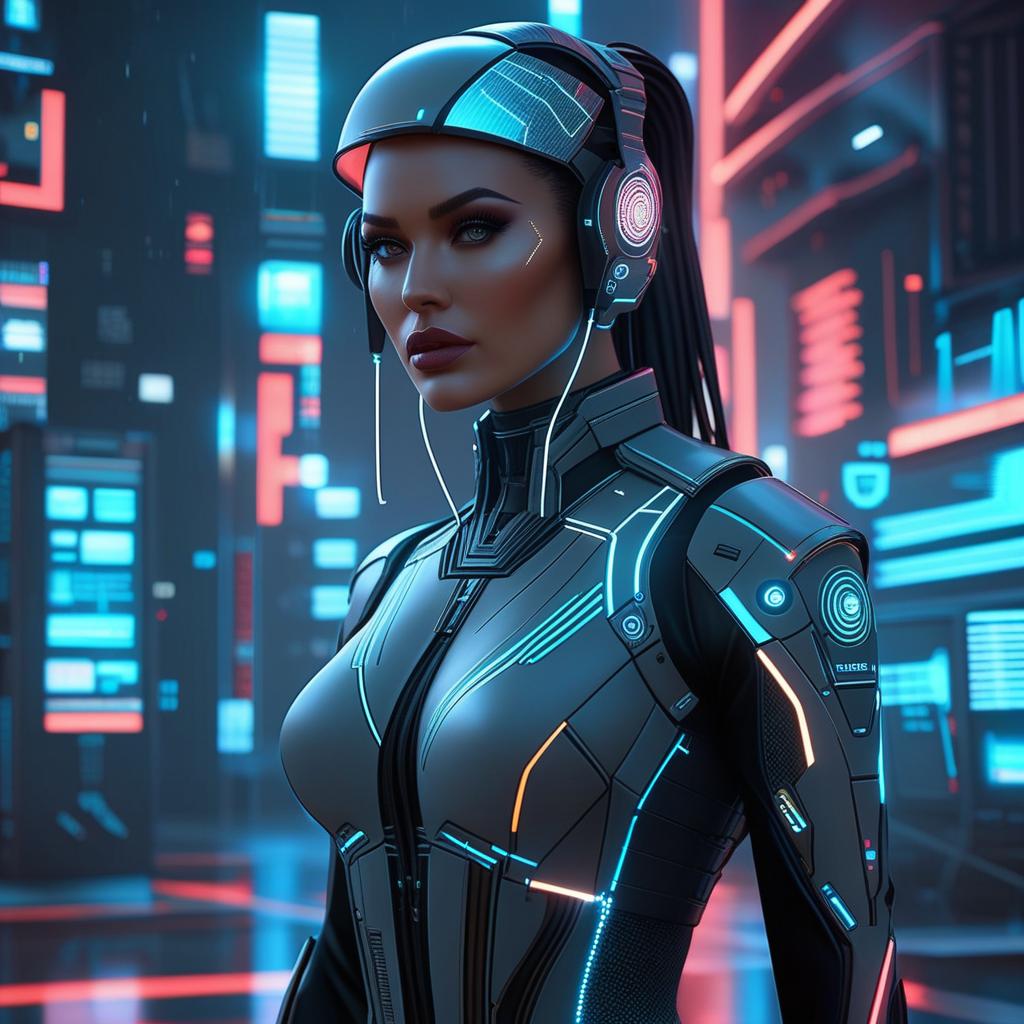  best quality, hd, a futuristic hacker with a sleek, tech enhanced outfit featuring neon circuitry and a holographic interface. the avatar should have an intense, focused expression and be surrounded by digital code and glowing data streams hyperrealistic, full body, detailed clothing, highly detailed, cinematic lighting, stunningly beautiful, intricate, sharp focus, f/1. 8, 85mm, (centered image composition), (professionally color graded), ((bright soft diffused light)), volumetric fog, trending on instagram, trending on tumblr, HDR 4K, 8K