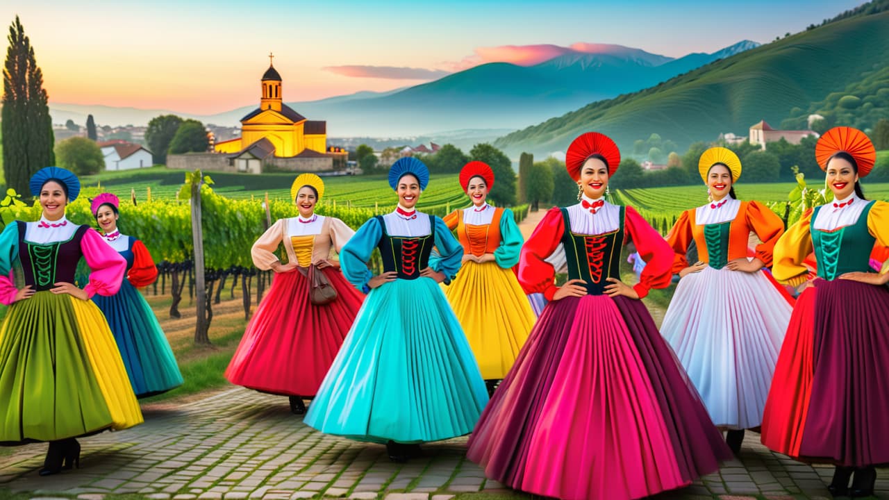  a vibrant scene of traditional georgian dancers in colorful attire, surrounded by a scenic backdrop of ancient churches, lush vineyards, and festive tables filled with local cuisine and wine, capturing the essence of heritage tourism. hyperrealistic, full body, detailed clothing, highly detailed, cinematic lighting, stunningly beautiful, intricate, sharp focus, f/1. 8, 85mm, (centered image composition), (professionally color graded), ((bright soft diffused light)), volumetric fog, trending on instagram, trending on tumblr, HDR 4K, 8K