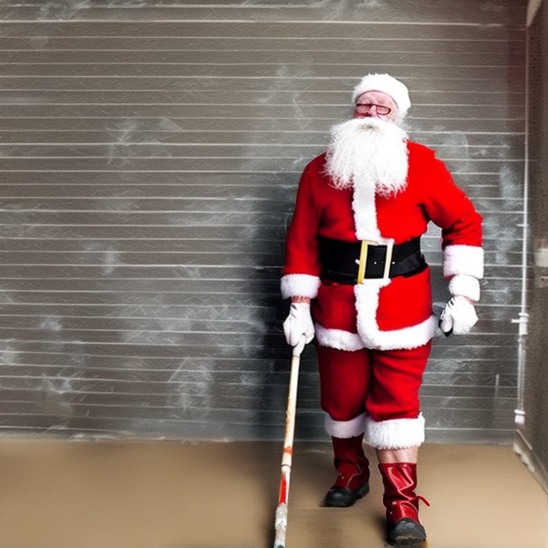  a man with a white beard mid to late 40s wearing a full red santa suit with white cuffs, black boots painting a long wall with a paint roller and an extension pole .