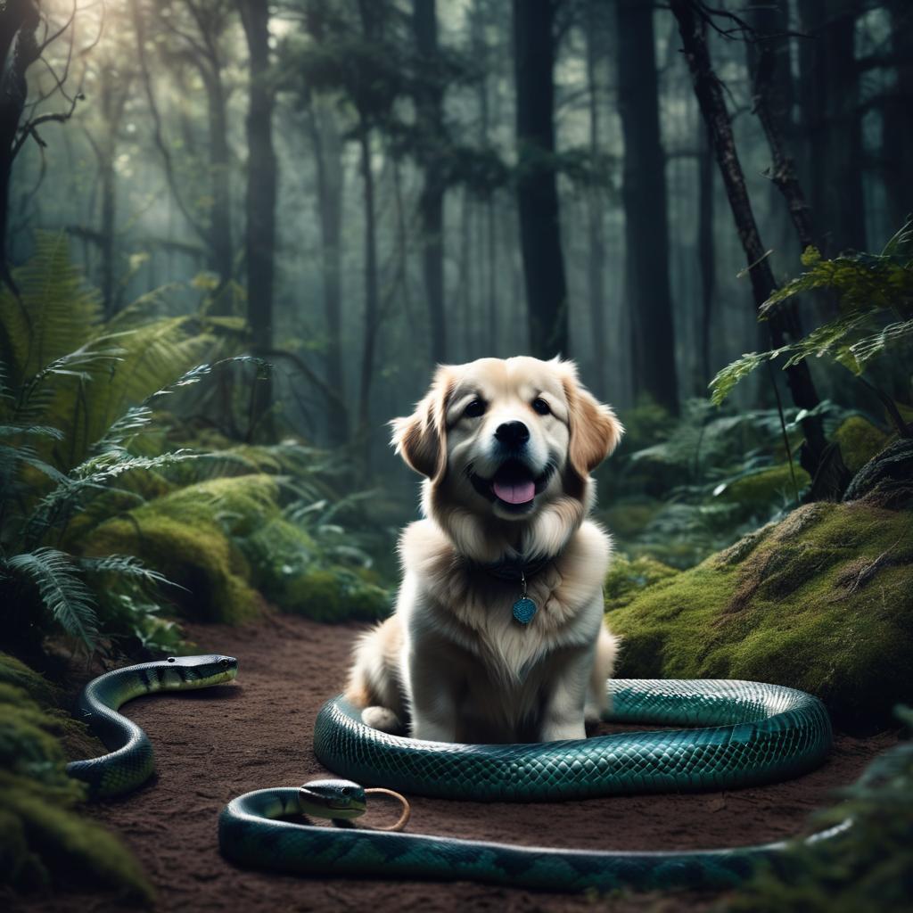  a dog and a snake in a dark fantasy forest, cinematic film style, shallow depth of field, vignette, highly detailed, high budget, bokeh, cinemascope, moody, epic, gorgeous, film grain, grainy