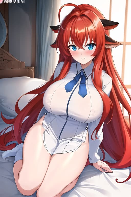  wearing a long ,white puffy sneakers,smiling,blushing,bedroom,full body view,masterpiece, best quality, 1women, long red hair, looking at viewer, :3, cute, black uniform, outdoors, streets, cow shot, curvy, (((blue eyes))), rias gremory, red hair, antenna hair, wavy hair, ((beautiful detailed eyes, beautiful detailed glow, lots of glow)), anime screencap