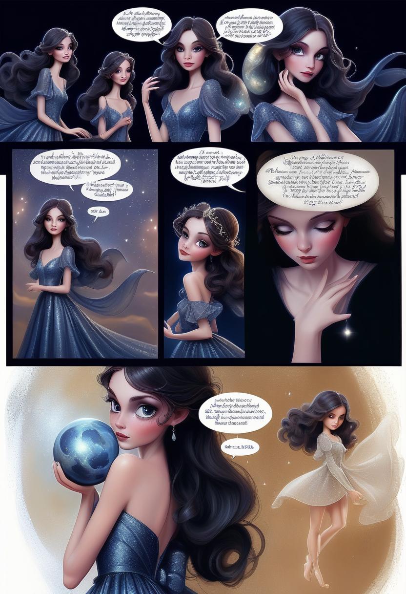  fairy tale enchantress in dark blue shimmering evening dress with airy long sleeves holding a small planet. her dark wavy hair is loose. photorealism. looking directly into the camera. . magical, fantastical, enchanting, storybook style, highly detailed