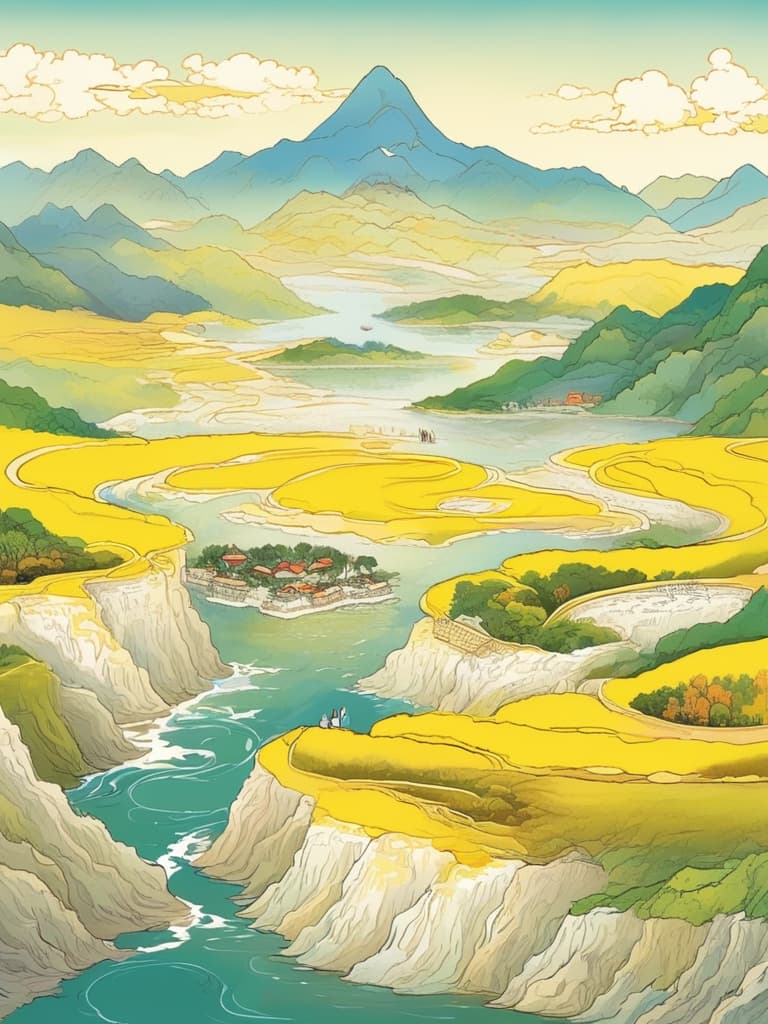  the yellow river runs down from a distant high mountain, and the river rolls forward and eventually rewinds into the distant sea. rivers are shown in golden yellow under the sun, provoking a layer of waves. the landscape on both sides of the yellow river is vast, and the contours of the sea can be seen from afar, and the waters of the river and the sea are luminous。