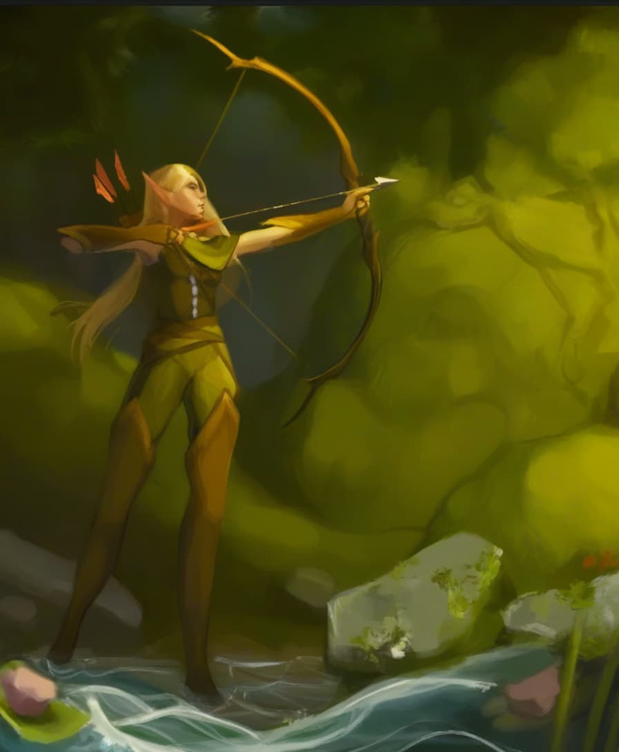  concept art an elf shoots a bow in a dark forest, standing on the ankle in the water. view from below . digital artwork, illustrative, painterly, matte painting, highly detailed, oil painting