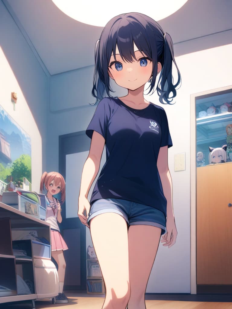  women's elementary students, twin tails, cute smiles, big s, old swimwear (dark blue, ), clear man (chinchin), girl room,