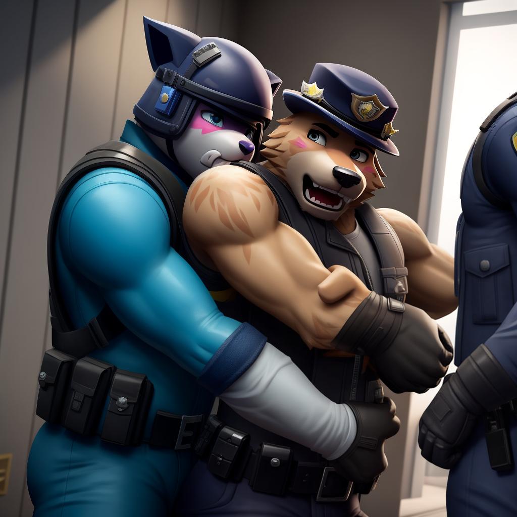  Gay corrupt police officers (Fortnite), full body, gloves, police brutality pain, bullying, criminal surrounded, scared helpless criminal, brutal attack, criminal is restricted, criminal is punched, criminal has police officers arm around neck, criminal has arms restrained, open eyes, masterpiece, 4k, fine details,