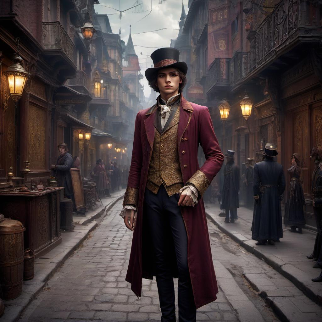  role playing game (rpg) style fantasy young man aristocrat on the street of the city in the late 19th century . detailed, vibrant, immersive, reminiscent of high fantasy rpg games, hkmagic