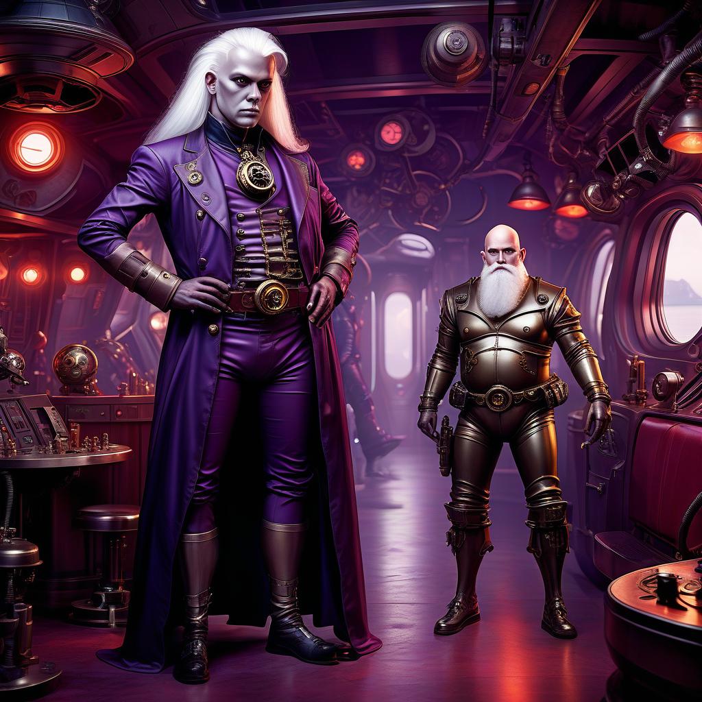  nautical themed a group of space pirates, a young alien, 20 year, purple skin, large size elastic , elegant thin waist, long slender legs, white hair. man, 40 year, small, fat, bald, black. next to the droid and minotaur. full length image, steampunk, dieselpunk, paropunk, standing in a space tavern, against a background of red light. . sea, ocean, ships, maritime, beach, marine life, highly detailed