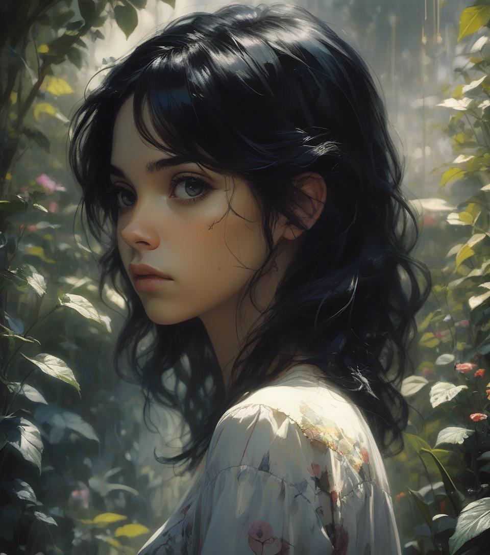  complex background, dramatic light,portrait of a girl , garden, beautiful and young, black hair , cute, delicate face, stunning, cinematic, by melanie delon, rebecca sugar, frank frazetta, carne griffiths