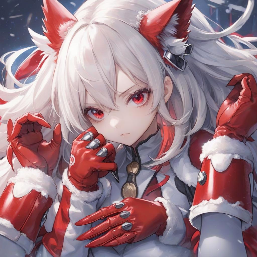  anime artwork the gloves are both red, there are white details and there are claws. not a human. . anime style, key visual, vibrant, studio anime, highly detailed