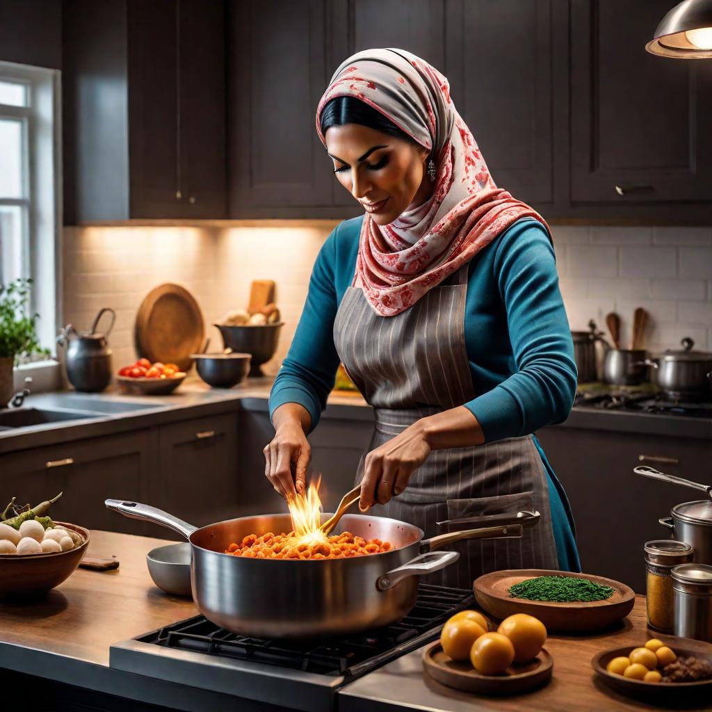  a woman in a headscarf is cooking in the kitchen with her child hyperrealistic, full body, detailed clothing, highly detailed, cinematic lighting, stunningly beautiful, intricate, sharp focus, f/1. 8, 85mm, (centered image composition), (professionally color graded), ((bright soft diffused light)), volumetric fog, trending on instagram, trending on tumblr, HDR 4K, 8K