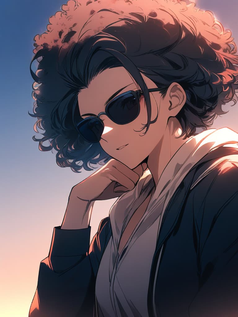  masterpiece,(((one male:1.7))),handsome,delicate black hair color,(((afro perm hairstyle:1.2))),(((black sunglasses))),larynxblue long sleeved shirt,,high quality,16k