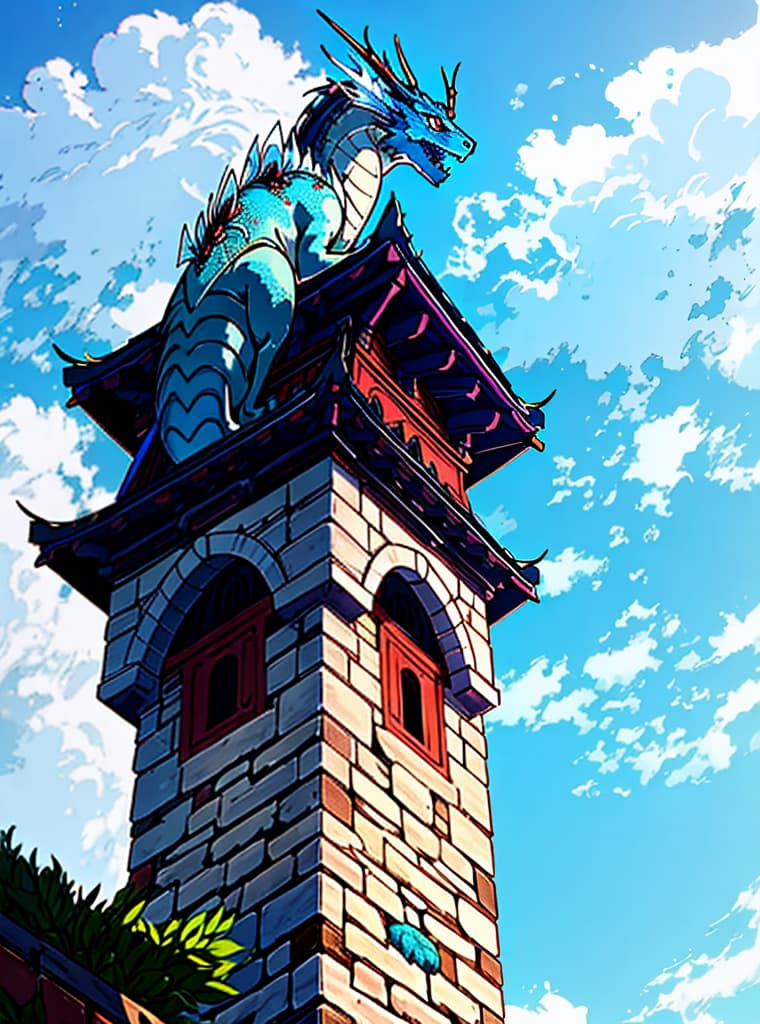  1 blue ghost dragon perched a top a castle tower clever