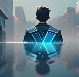  one man, (cartoon style), masterpiece, best quality, highres, 8k resolution, more detailed, animation style, anime, sharp lines, vibrant colors, cool tones, expressive eyes, detailed reflections, dynamic poses, modern, immersive atmosphere, fantasy, futuristic design, artistic transformation, stylish