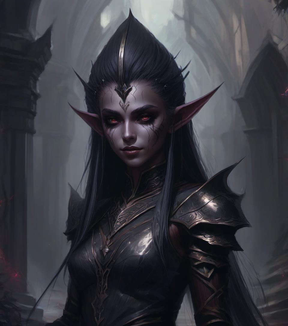  concept art dark elf girl with <small neat elf ears: 7.9> . digital artwork, illustrative, painterly, matte painting, highly detailed