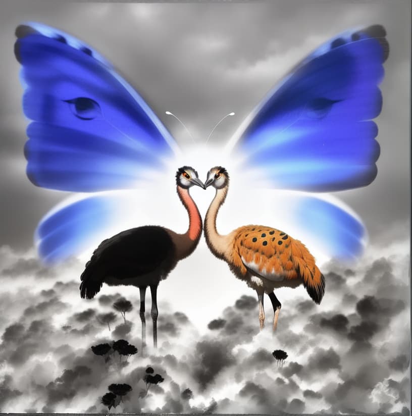  a colorful abstract picture of, two ostriches with bold eyes, forming a face and a body of another flying butterfly at their background, , hyperrealistic, high quality, highly detailed, perfect lighting, intricate, sharp focus, f/1. 8, 85mm, (centered image composition), (professionally color graded), ((bright soft diffused light)), trending on instagram, HDR 4K, 8K