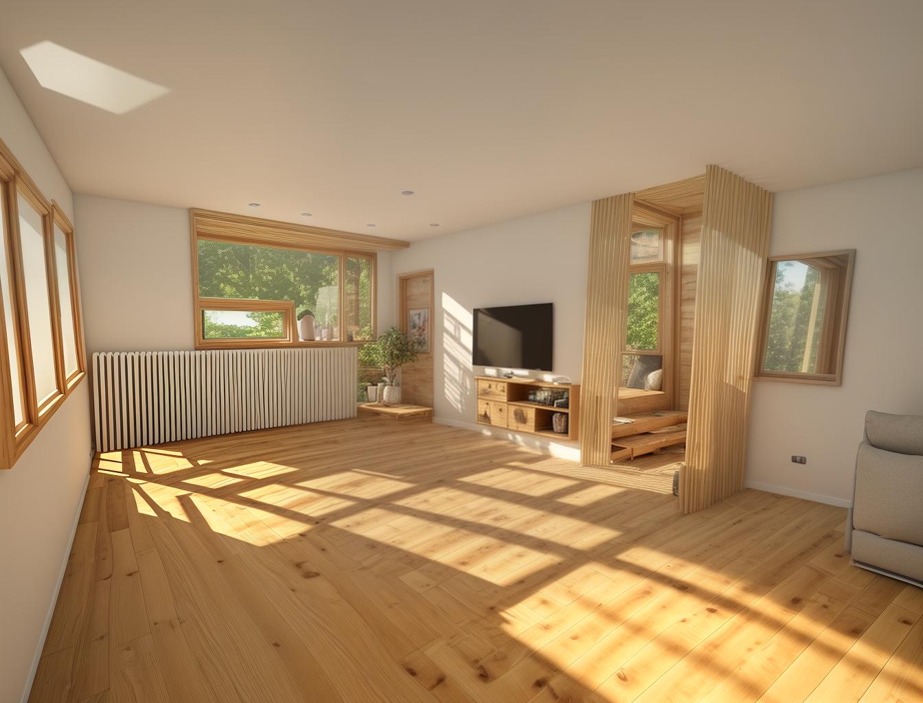  create a photorealistic rendering of a living room with a wooden floor, featuring a modern sofa placed near a large window. the room should feel cozy and inviting, with natural light streaming in from the window onto the warm wooden flooring.