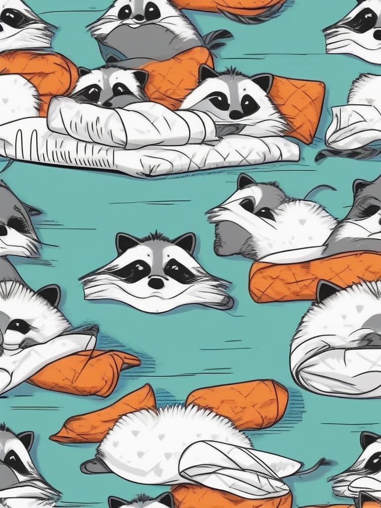  cute raccoon,in pajamas,in bed from holding a pillow,time to say goodnight,