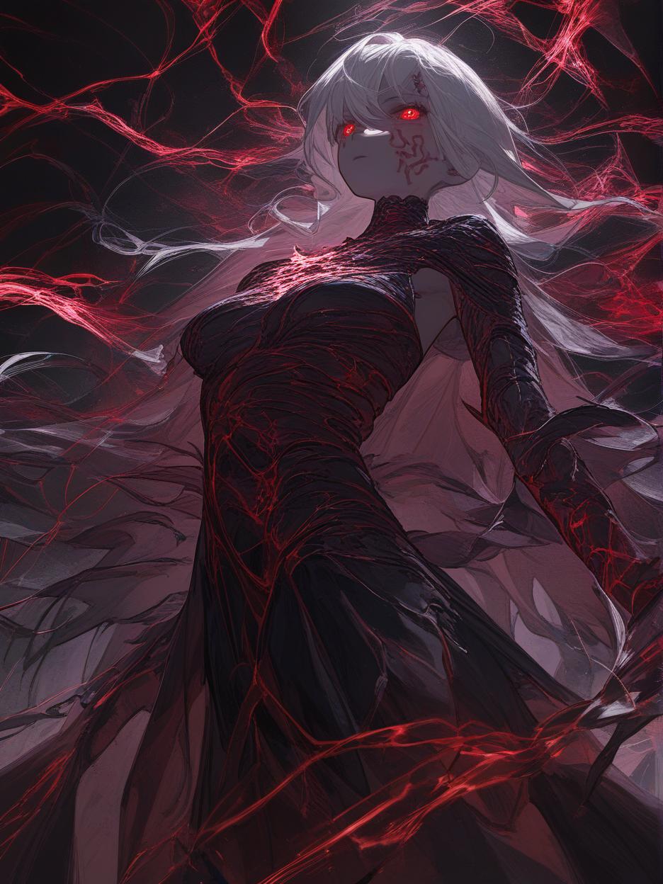  an anime photo of a female sorceress wearing a mix of matte black metal with armor of iridescent synthetic cloths. the woman has long white hair, luminescent red eyes, gray skin, and luminescent red scars on her face. the figure is wrapped in a dark garment engraved with runes, woven with luminescent threads that pulsate with a dark red hue. below the garment, visible on the figure's neck and hands, are circuit shaped tattoos that pulsate with electric red energy, integrating seamlessly into the high tech design. the background of the photo is a dark, misty forest at night, with tall, gnarled trees and bioluminescent plants casting a mysterious light. the figure is a sentinel, exuding an aura of dark wisdom and arcane power, in a world wher