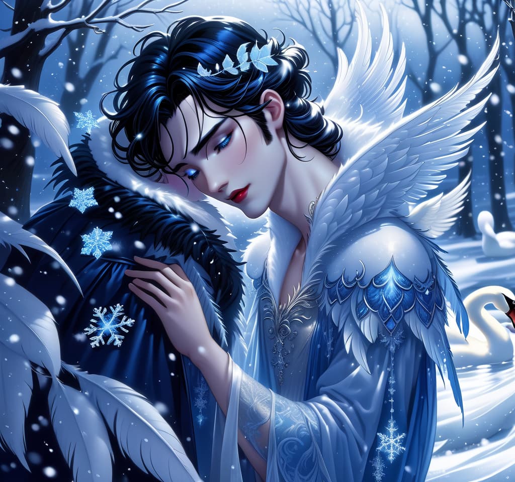  dreamscape thy name is (kiss the snow1,2) . ((key, (ice, blue1,6 sip)) ((blue eyed)) i've been jinxed ((snow singer1,8) . ((snow swan)) ((the snow swan)) feathers at my feet.( feathers flutter and slowly sink into the snow). (snow white swan): the head and body are creamy white with a silvery tint. wings of white blue colour from snowflakes (roses): light blue colour with leaves from ice crystals. background:soft blue with delicate patterns of falling snow and curls of blizzards, ice patterns on water.(style):fantasy, romantic art, silver age poetry, 19th century, dedication. . surreal, ethereal, dreamy, mysterious, fantasy, highly detailed, civitai, hkmagic