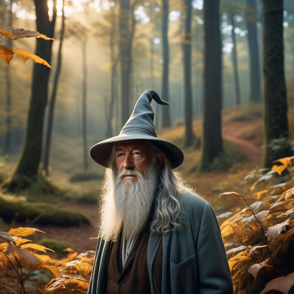  cinematic photo gandalf in his hat in the evening autumn forest codes magic. crickets fly around him . 35mm photograph, film, bokeh, professional, 4k, highly detailed, hkmagic, perfect hands hyperrealistic, full body, detailed clothing, highly detailed, cinematic lighting, stunningly beautiful, intricate, sharp focus, f/1. 8, 85mm, (centered image composition), (professionally color graded), ((bright soft diffused light)), volumetric fog, trending on instagram, trending on tumblr, HDR 4K, 8K