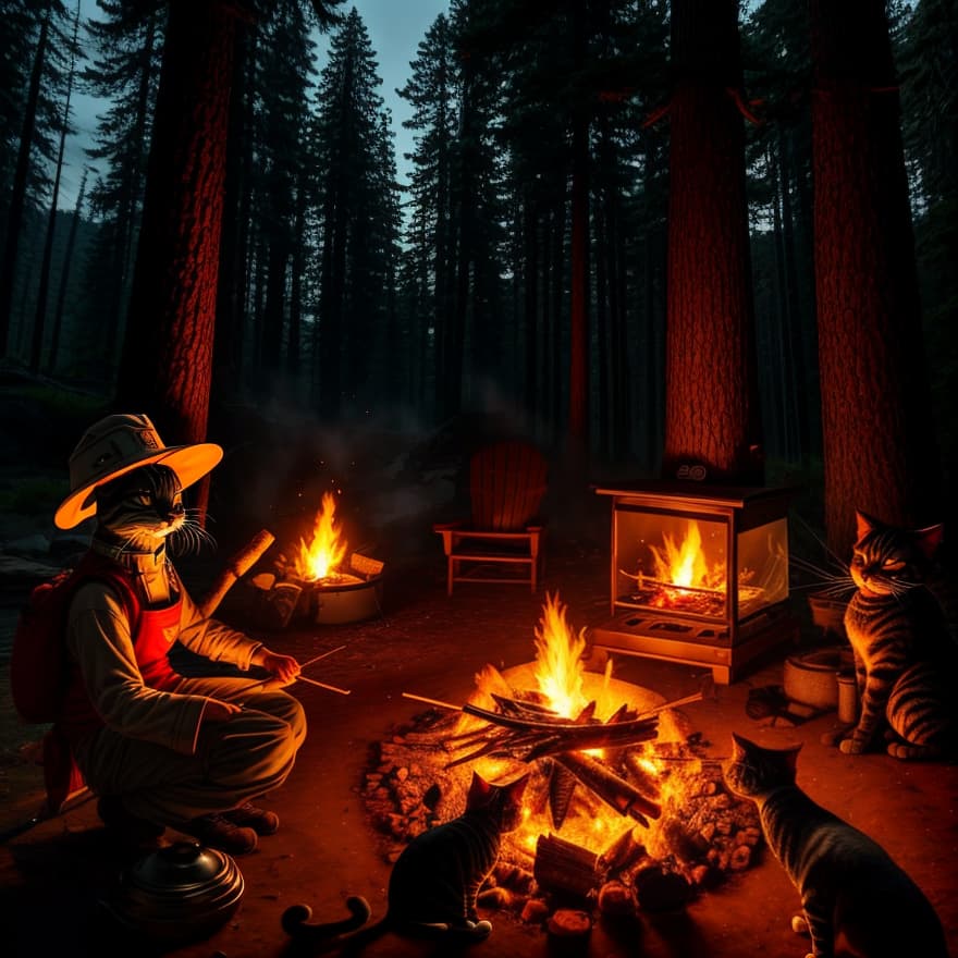  a realistic scene of a chef cat camping in the wilderness, grilling a fish over a campfire. the cat, wearing a traditional chef's hat and apron, stands next to a neatly arranged campsite with a small tent, a backpack, and camping gear scattered around. the campfire emits a warm, flickering glow, illuminating the cat's fur and the fish skewered above the flames. the surrounding forest is lush and green, with tall trees and a clear, starry night sky visible above. the cat's eyes are wide open, intently staring at the fish as it cooks. the scene captures the essence of outdoor adventure and culinary skill, with intricate details and a lifelike atmosphere. high definition, hyper detailed, realistic, outdoor camping, warm campfire lighting, intr