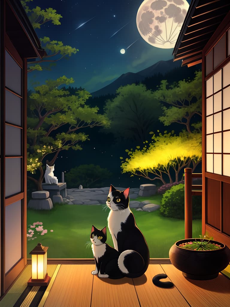  1cat ,japanese cat,nature,animal focus,looking outside from the japanese style room,cosmos field ,cat sitting on the porch ,cosmos field,full moon night,