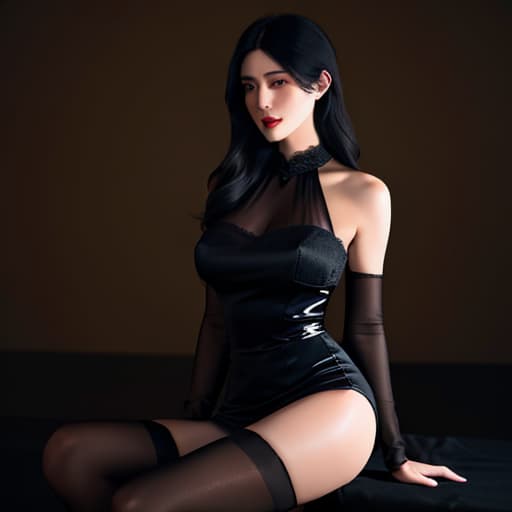  (masterpiece,best quality,ultra-detailed, highres, extremely detailed,ntricate detail) She has long, glossy black hair, a slender waist, round buttocks, long and straight legs and wears black stockings, which are rectangular and round in shape. She wears a black ribbon around her waist and wears a dark blue silk dress. hyperrealistic, full body, detailed clothing, highly detailed, cinematic lighting, stunningly beautiful, intricate, sharp focus, f/1. 8, 85mm, (centered image composition), (professionally color graded), ((bright soft diffused light)), volumetric fog, trending on instagram, trending on tumblr, HDR 4K, 8K