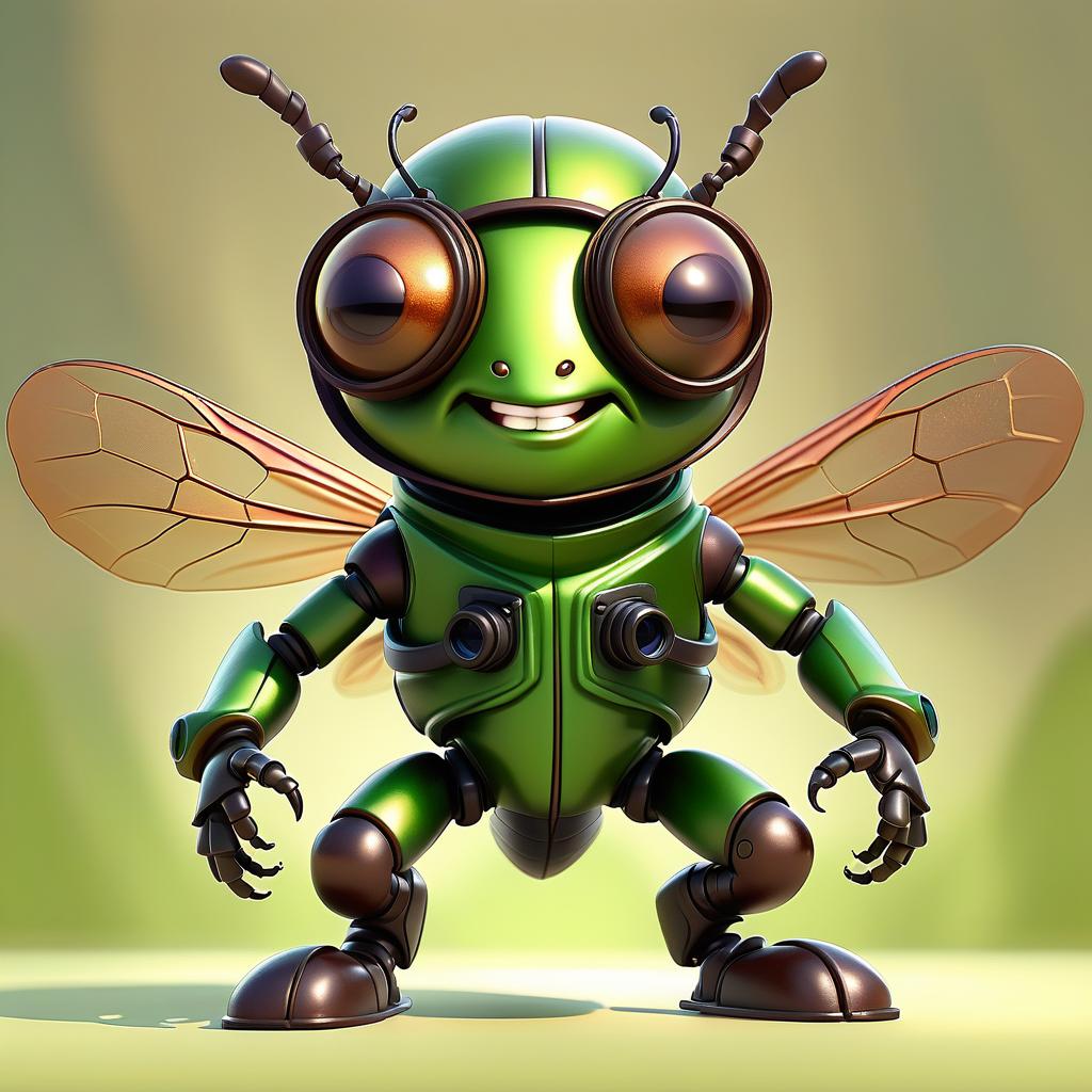  cute cartoon insect beetle character with a green body, big expressive eyes and a smile on his lips. on his head he has a huge brown helmet with goggles, giving him an adventurous look. the insect beetle stands confidently holding a blaster, he has graceful wings and long tendrils. the background is simple and bright inside the starship to emphasize the charm of the funny character with the weapon.