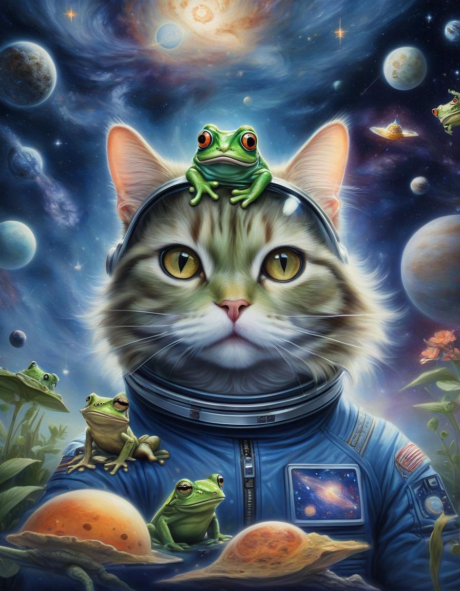  space themed a cat interested, a frog on a nenuphar, painting . cosmic, celestial, stars, galaxies, nebulas, planets, science fiction, highly detailed